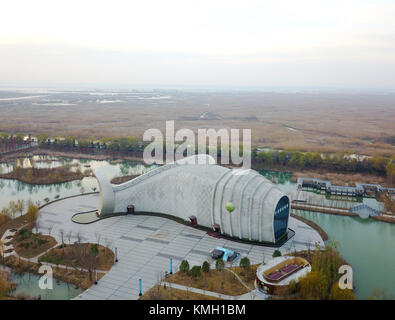 Sihong. 9 dicembre 2017. La foto scattata il 9 dicembre 2017 mostra l'acquario a forma di pesce nell'area panoramica della zona umida del lago Hongze nella contea di Sihong, nella provincia cinese di Jiangsu. L'acquario misura 99 metri di lunghezza, 26 metri di altezza e 18 metri di larghezza. Crediti: Xu Changliang/Xinhua/Alamy Live News Foto Stock