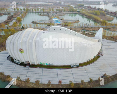 Sihong. 9 dicembre 2017. La foto scattata il 9 dicembre 2017 mostra l'acquario a forma di pesce nell'area panoramica della zona umida del lago Hongze nella contea di Sihong, nella provincia cinese di Jiangsu. L'acquario misura 99 metri di lunghezza, 26 metri di altezza e 18 metri di larghezza. Crediti: Xu Changliang/Xinhua/Alamy Live News Foto Stock