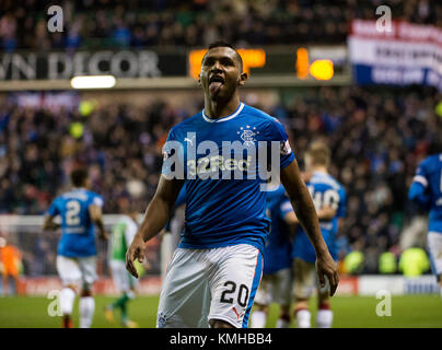 Edinburgh, Regno Unito. 13 dicembre, 2017. Rangers centro in avanti, Alfredo Morelos, celebra il suo punteggio del laterale 2° obiettivo come Hibernian prendere su Rangers nelle Scottish Premiereship League a Easter Road Stadium. Ian Jacobs/Alamy Live News Foto Stock