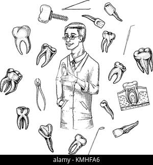 I denti molari di smalto dentale, impostare. strumenti attrezzatura del dentista medico. la cavità orale pulire o malati. salute o carie umano. incisi disegnati a mano nel vecchio o schizzo. medicina, cura per cavità, impianto Illustrazione Vettoriale