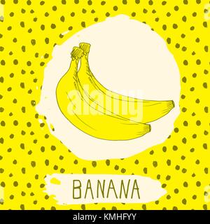 Banana disegnata a mano abbozzato frutti con foglie sullo sfondo con punti pattern. doodle vettore a banana per logo, etichette, identità di marca. Illustrazione Vettoriale