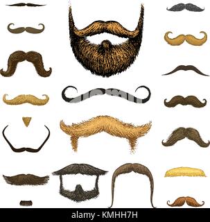 Set di baffi e barba divertenti di uomini, hipster e retrò barbiere o parrucchiere su sfondo trasparente. incisi disegnati a mano nel vecchio sketch, in stile vintage per il confezionamento e la segnaletica. Illustrazione Vettoriale