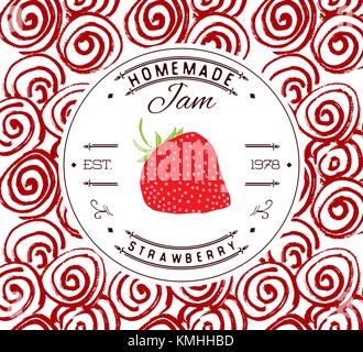 Inceppamento design etichetta modello. Per dessert fragola prodotto con disegnati a mano abbozzato frutta e background. doodle vettore illustrazione di fragola marca i Illustrazione Vettoriale