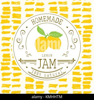 Inceppamento design etichetta modello. Per limone dessert prodotto con disegnati a mano abbozzato frutta e background. doodle vettore illustrazione di limone brand identity. Illustrazione Vettoriale