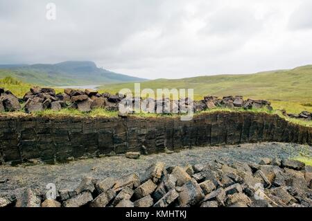 Trotternish, Isola di Skye in Scozia. Tappeto erboso di torba Bank a tagliare per il carburante sopra Loch Fada. Pinnacolo di roccia del Storr a distanza Foto Stock