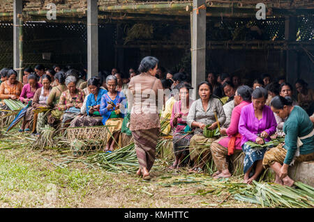 Le donne del villaggio di tegalalang, rendendo ceste di effettuare offerte a un tradizionale, comunale cremazione rituale, tegalalang, gianyar, Bali, indonesi Foto Stock