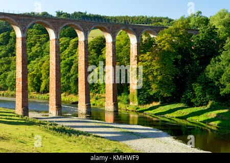 Leaderfoot viadotto ferroviario, costruito 1865, attraversando il fiume Tweed vicino a Melrose. Regione di frontiere, Scozia Foto Stock