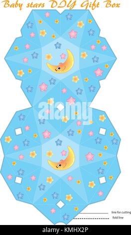 Confezione regalo stampabile modello diy. cartoon star e luna baby pattern. Illustrazione Vettoriale