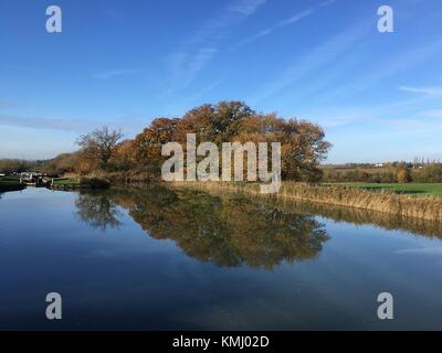 Alberi e riflessioni del Kennet and Avon canal vicino a devizes nel Wiltshire, Inghilterra Foto Stock