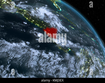 Notte sopra il Nicaragua ha evidenziato in rosso sul modello del pianeta Terra nello spazio. 3D'illustrazione. Gli elementi di questa immagine fornita dalla NASA. Foto Stock