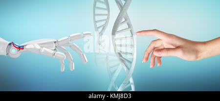 Mano robotica tocca la catena di DNA su sfondo blu. Concept futuristico. Il rendering 3D Foto Stock