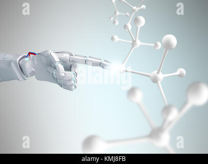 Robot bianco canto toccando molecola formula su sfondo grigio. La tecnologia del futuro e concetto di progresso. Il rendering 3D Foto Stock