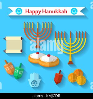 Happy Hanukkah piatto icone vettoriali set con gioco dreidel, monete, mano di miriam, palm di david, stella di Davide, menorah, cibo tradizionale, la Torah e altri Illustrazione Vettoriale