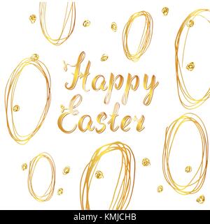 Felice Pasqua disegnati a mano biglietto di auguri con scritte e disegnò doodle elementi, colore oro isolati su sfondo bianco. Illustrazione Vettoriale