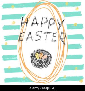 Felice Pasqua disegnati a mano biglietto di auguri con scritte e disegnò doodle elementi uova di pasqua su uno sfondo colorato. Illustrazione Vettoriale