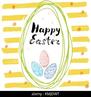 Felice Pasqua disegnati a mano biglietto di auguri con scritte e disegnò doodle elementi ornamentali in uova uovo di pasqua forma sul colore di sfondo. Illustrazione Vettoriale