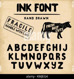 Fatto a mano il timbro di inchiostro. font alfabeto manoscritta. vintage testurizzato retrò disegnati a mano il carattere tipografico con effetto grunge, buona per il logo personalizzato o emblrm. vettore Illustrazione Vettoriale