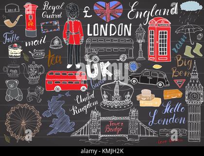 London city scarabocchi raccolta di elementi. disegnati a mano con set, Tower Bridge, corona, Big Ben, royal guard, bus rosso, Regno Unito mappa e bandiera, teiera, scritte, Illustrazione Vettoriale