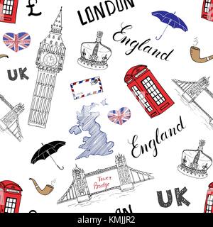 London city elementi scarabocchi seamless pattern. con disegnati a mano il Tower Bridge, corona, Big Ben, bus rosso, mappa del Regno Unito, bandiera,e scritte, illustrazione vettoriale Illustrazione Vettoriale