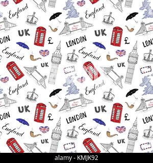 London city elementi scarabocchi seamless pattern. con disegnati a mano il Tower Bridge, corona, Big Ben, bus rosso, mappa del Regno Unito, bandiera,e scritte, illustrazione vettoriale Illustrazione Vettoriale