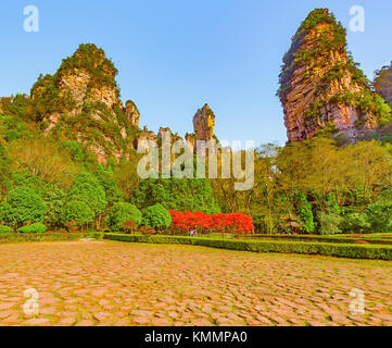 Vista serale dei piccoli quadrati di zhangjiajie Forest park. la Cina. Foto Stock