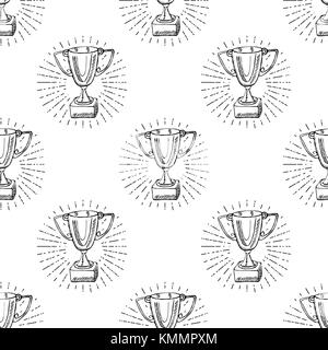 Sport trofeo pattern seamless schizzo doodle. disegnati a mano vincitori premio isolato. Illustrazione Vettoriale