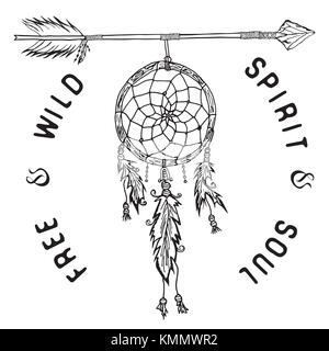 Catcher e freccia da sogno, leggenda tribale in stile indiano, dreamcatcher tradizionale con piume e perline di uccelli. Illustrazione vettoriale, lettere libere e W Illustrazione Vettoriale