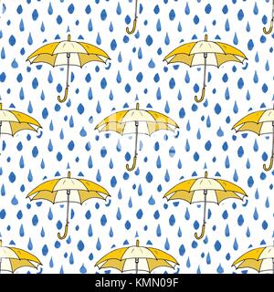 Gocce di pioggia e ombrello seamless pattern. disegnati a mano illustrazione vettoriale Illustrazione Vettoriale