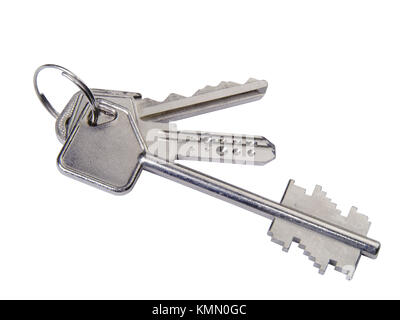 Primo piano di argento le chiavi di casa in un portachiavi. Foto Stock
