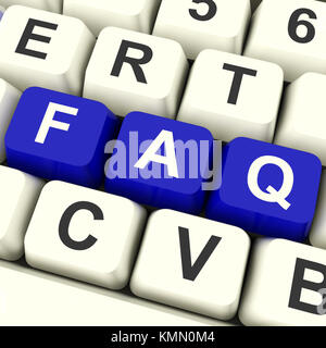 Faq chiavi di computer in blu che mostra informazioni e risposte Foto Stock