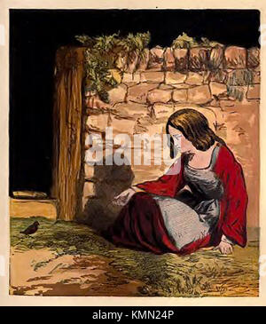 Passatempi vittoriano (da una colorata per bambini libro dell'immagine. - Ragazza seduta in giardino con un uccello selvatico Foto Stock