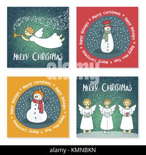 Set di cartoline di Natale con angeli e pupazzi di neve Illustrazione Vettoriale