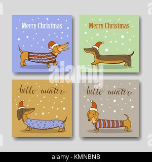Cartoline natalizie con divertenti bassotto Illustrazione Vettoriale