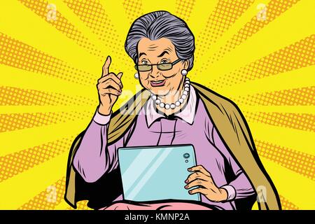 Donna anziana con un tablet. arte pop retrò illustrazione vettoriale Illustrazione Vettoriale