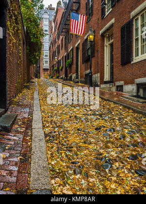 Acorn Street in Beacon Hill, Distretto di Boston durante la caduta Foto Stock