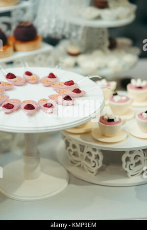 Colpo verticale wedding dessert gelatina di frutta Lampone tazze cioccolato marshmalows tabella set. Foto Stock