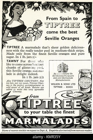 1950s vecchia vendetta originale rivista britannica pubblicità a mezzo stampa Tiptree marmellata di Wilkin & Sons Ltd di Tiptree Essex Inghilterra Regno Unito da Royal nomina datata 1958 Foto Stock