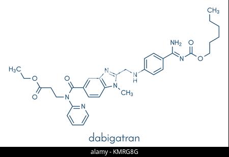 Dabigatran farmaco anticoagulante (diretto inibitore di trombina). molecola di formula scheletrico. Illustrazione Vettoriale