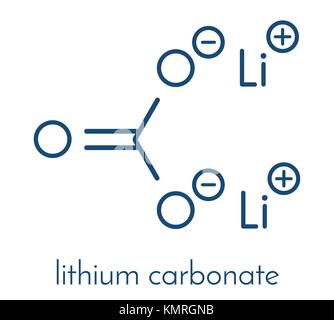 Carbonato di litio (Li2CO3) disturbo bipolare molecola di farmaco. formula scheletrico. Illustrazione Vettoriale