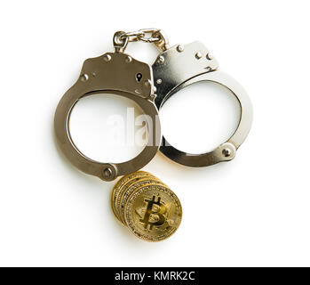 Golden bitcoins. E Cryptocurrency hancuffs isolati su sfondo bianco. Foto Stock