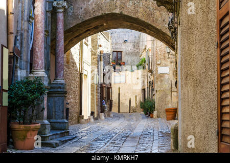 Le voci con colonne ioniche di strade in marmo con disegni di ciottoli e arcate gotiche caratterizzano questa città Foto Stock