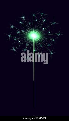 Vettore sparkler bengala. Bengala candela con Bright Green sparkler su sfondo scuro Illustrazione Vettoriale