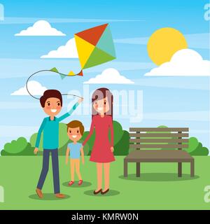 La famiglia gioca con kite divertente nel parco Illustrazione Vettoriale