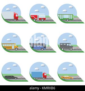 Design piatto illustrazione vettoriale città piatta di trasporto icone. camion, autobus, taxi, limousine, camion dei pompieri e la scuola bus. Illustrazione Vettoriale