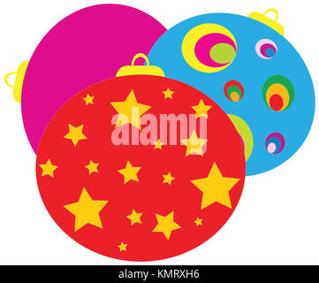 Le palle di Natale o baubles isolati su sfondo bianco. Rosso Giallo blu e rosa con stelle e strisce. Tradizionale ornamento di Natale icone e sym Foto Stock