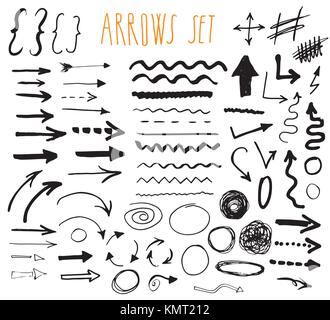 Frecce, divisori e frontiere, elementi disegnati a mano impostare illustrazione vettoriale Illustrazione Vettoriale