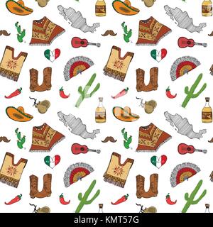 Messico seamless pattern doodle elementi disegnati a mano disegno tradizionale messicano sombrero hat, stivali, poncho, cactus e bottiglia di tequila, mappa del Messico, Illustrazione Vettoriale