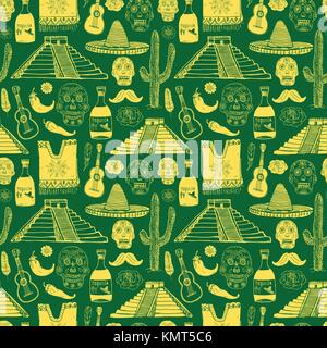 Messico seamless pattern doodle elementi disegnati a mano disegno tradizionale messicano sombrero hat, poncho, cactus e bottiglia di tequila, mappa del Messico, cranio, Illustrazione Vettoriale