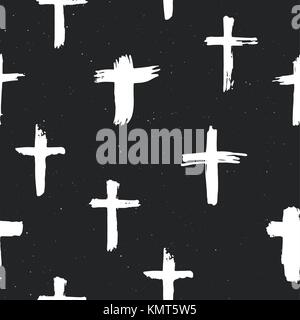 Simboli a croce seamless pattern grunge disegnati a mano croci cristiane, segni religiosi icone, crocifisso simbolo illustrazione vettoriale . Illustrazione Vettoriale