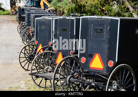 Fila di Amish buggies parcheggiata fuori Farmerstown asta di bestiame, Ohio, Stati Uniti d'America. Foto Stock